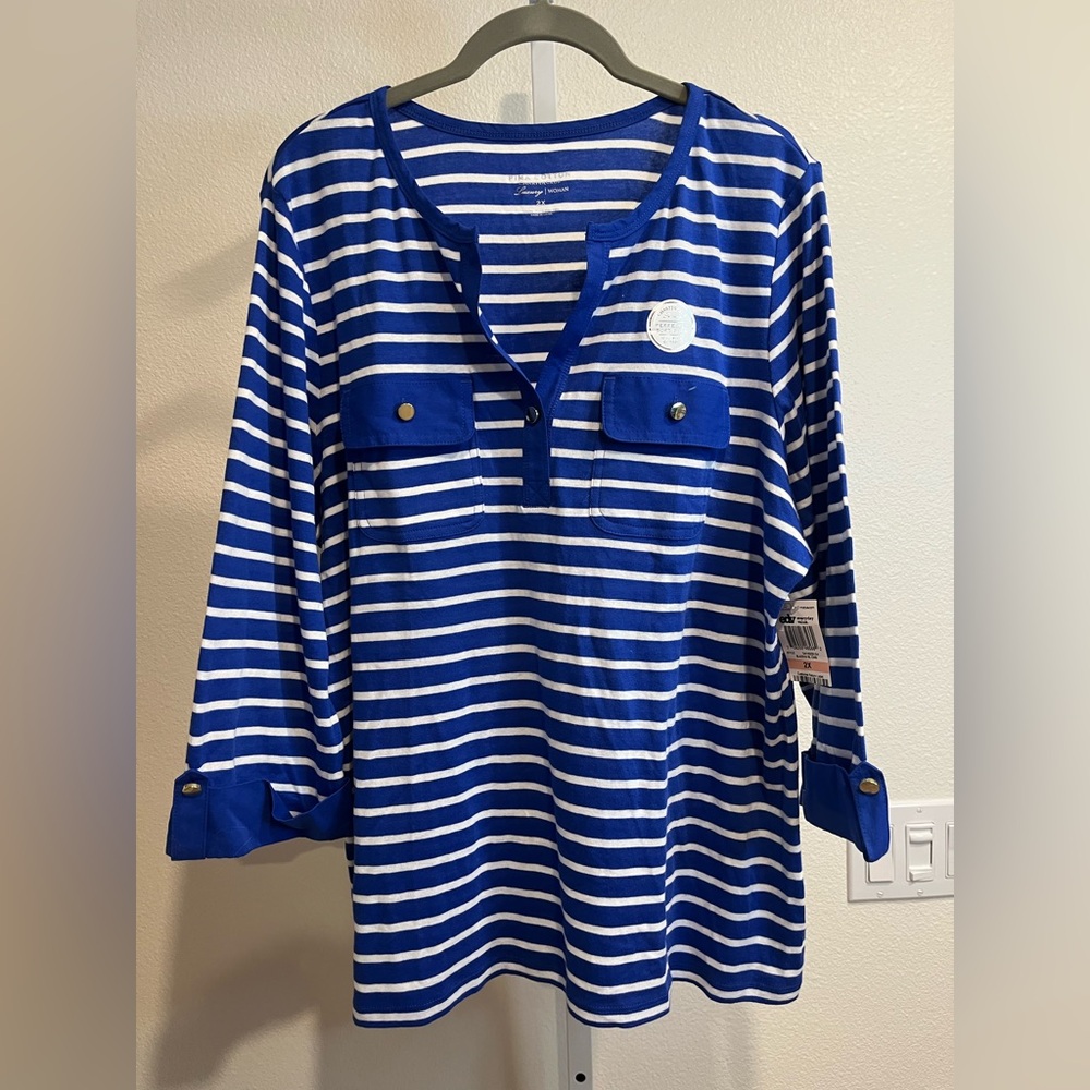 Charter Club Blue and White Striped Long Sleeve Top